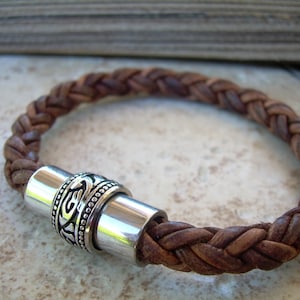 Thick Braided Leather Bracelet: Mens Leather Cuff with Stainless Steel Clasp