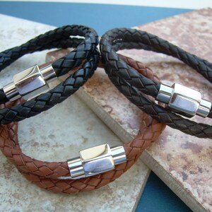 Mens Braided Leather Bracelet: Thick Double Wrap with Magnetic Clasp