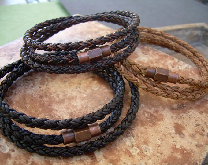 Braided Leather Bracelet: Men's Triple Wrap with Magnetic Clasp