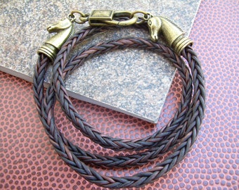 Mens Bracelets Leather, Womens Leather Wrap Bracelet, Horse Bracelet, Brown Braided Leather Wrap Horse Bracelet with Bronze Toned Hardware