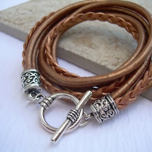 Womens Leather Bracelets, Copper Leather Wrap Bracelet with Antique Silver Toned Accents