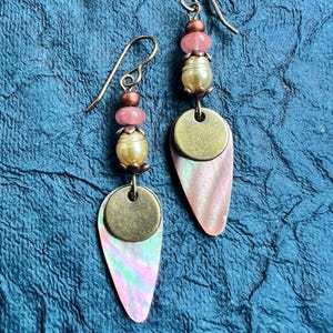 Mauve Pink Shell Charm Earrings with Pearls, Quartz, and Brass