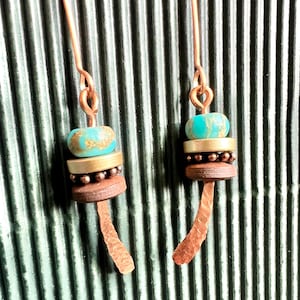 Hammered Copper Earrings with Imperial Jasper and Wood Beads