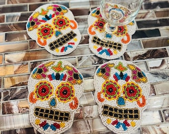 Handmade Beaded Sugar Skull Coasters / Colorful Day of the Dead Skull Beadwork