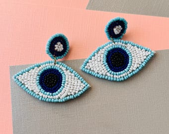 Beaded Evil Eye Earrings/ Handmade Boho Protection Jewelry