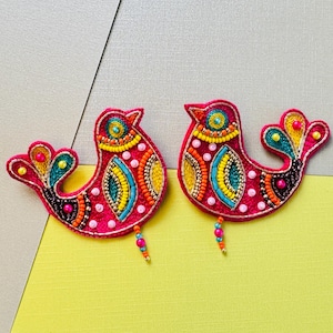 Beaded Bird Statement Earrings/ Handmade Embroidered Folk Art Jewelry