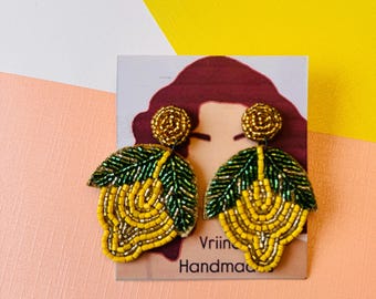 Beaded Lemon Earrings – Handmade Fruit Earrings – Citrus Statement Jewelry – Bold Summer Accessories – Vriinda Handmades