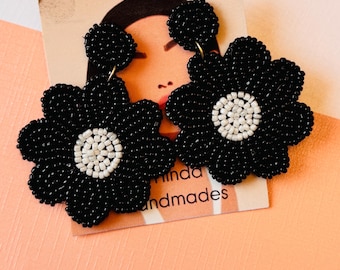 Black Beaded Floral Statement Earrings