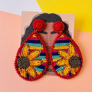 Beaded Sunflower Rainbow Earrings  - Vibrant Teardrop Statement Jewelry