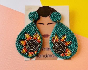 Handmade Beaded Sunflower Earrings - Vibrant Teardrop Statement Jewelry