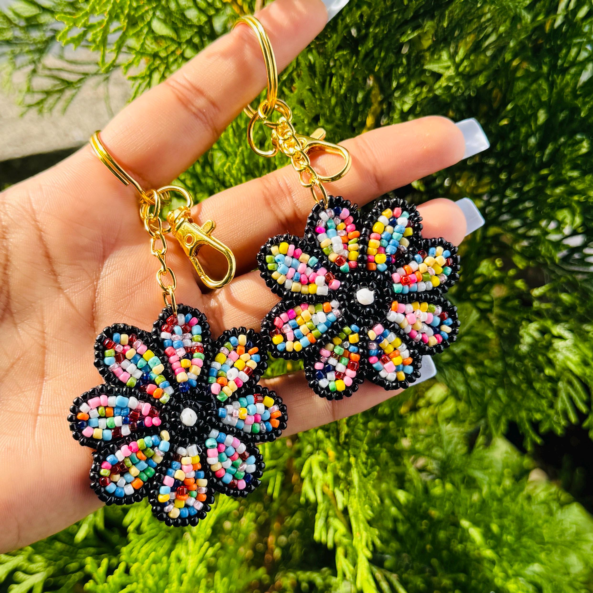 Beaded Flower Keychain/ Handmade Floral Bag Charm With Gold Clasp