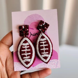 Handcrafted Beaded Football Earrings - Red & White Beadwork Statement Jewelry