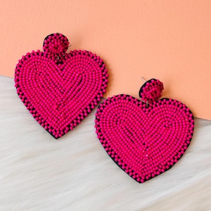 Hot Pink Beaded Heart Earrings: Handmade Romantic Statement Jewelry Earrings