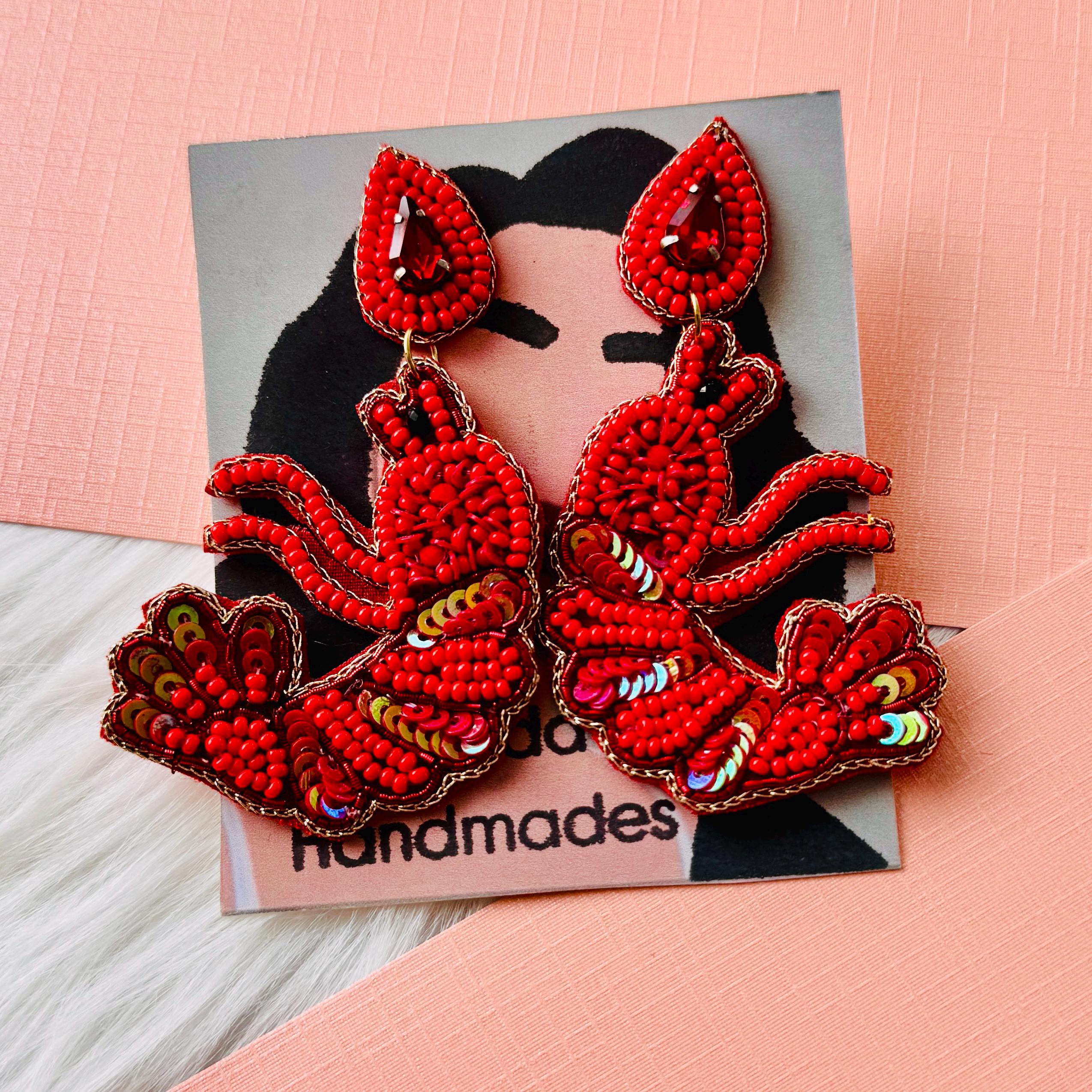 Red Beaded Shrimp Earrings: Coastal Statement Jewelry