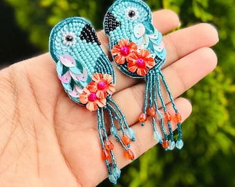 Beaded Parrot Statement Earrings – Handmade Tropical Bird Dangles with Floral Sequins