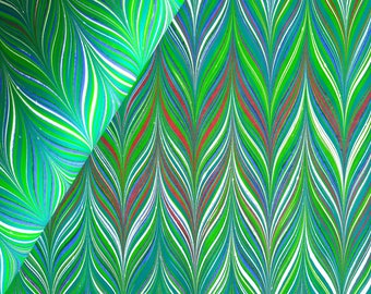 Hand Marbled Paper - GetGel Pattern in greens and blues