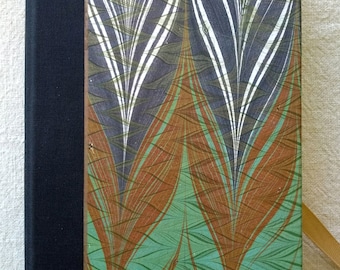 Hand Marbled Paper on a Hand Bound Journal - Get Gel and Chevron Patterns in Green, Terra Cotta and Black