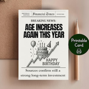 May include: A birthday card designed to look like a newspaper front page. The headline reads "AGE INCREASES AGAIN THIS YEAR." The card includes a cake graphic, a balloon, and the words "HAPPY BIRTHDAY."