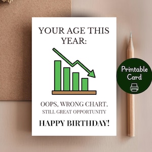 May include: A white birthday card with the text "YOUR AGE THIS YEAR:" and a green downward trending chart. The card also reads "OOPS, WRONG CHART. STILL GREAT OPPORTUNITY HAPPY BIRTHDAY!" A pencil and envelope are next to the card.