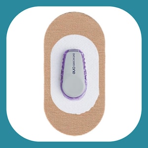 May include: A beige adhesive patch with a purple and white Dexcom One sensor attached to it.
