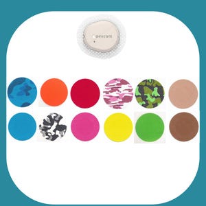 May include: A Dexcom sensor with a variety of colorful adhesive patches. Patches include blue camouflage, orange, red, pink camouflage, green camouflage, tan, blue, black and white camouflage, pink, yellow, green, and brown.
