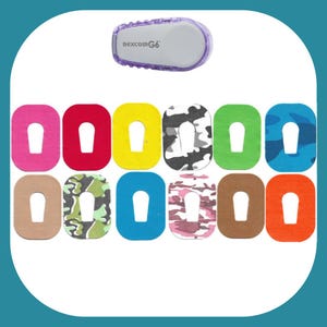 Peut inclure: Un ensemble de 10 patchs adhésifs colorés et à motifs pour un moniteur de glycémie continu Dexcom G6. Les patchs sont de différentes couleurs, notamment rose, rouge, jaune, vert, bleu, marron, orange et des motifs de camouflage.