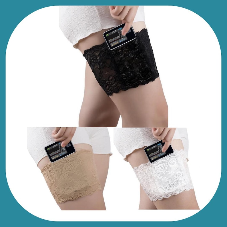 May include: Three thigh bands in black, beige, and white lace with a mobile phone in each. The bands are designed to hold a phone securely on the thigh.