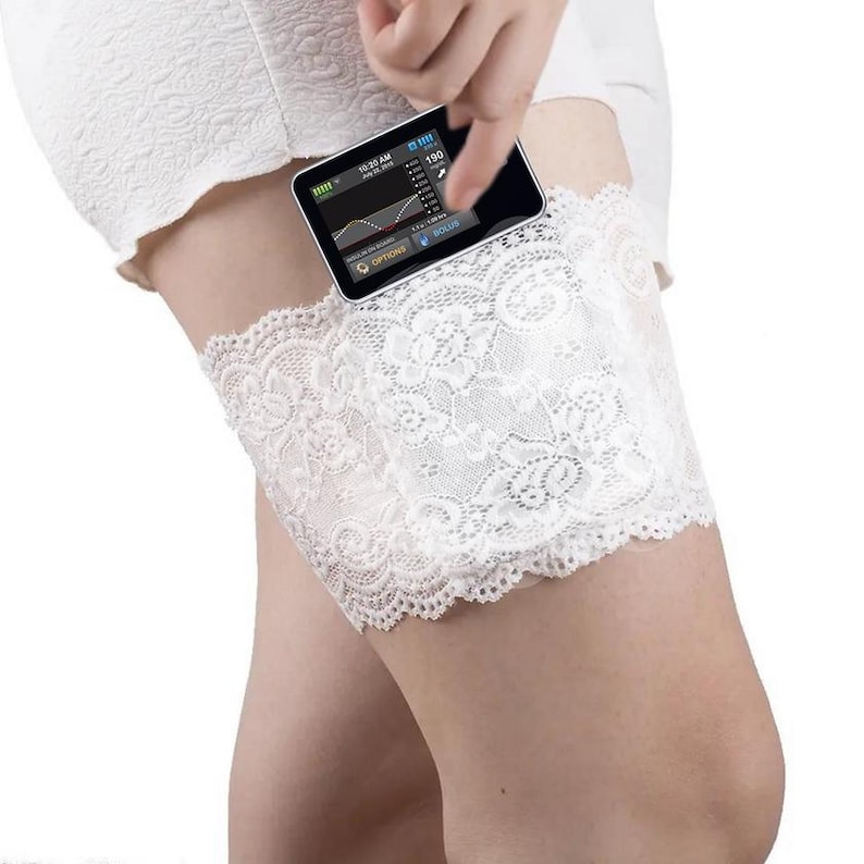 May include: White lace thigh band with a black phone case inside. The phone screen shows a graph and the time 10:20 AM.