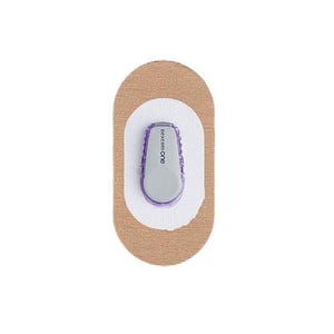 May include: A beige adhesive patch with a small, white, oval-shaped sensor with the text "Dexcom One" printed on it.