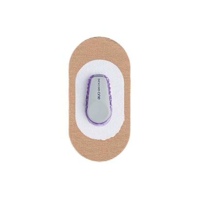May include: A beige adhesive patch with a small, white, oval-shaped sensor with the text "Dexcom One" printed on it.