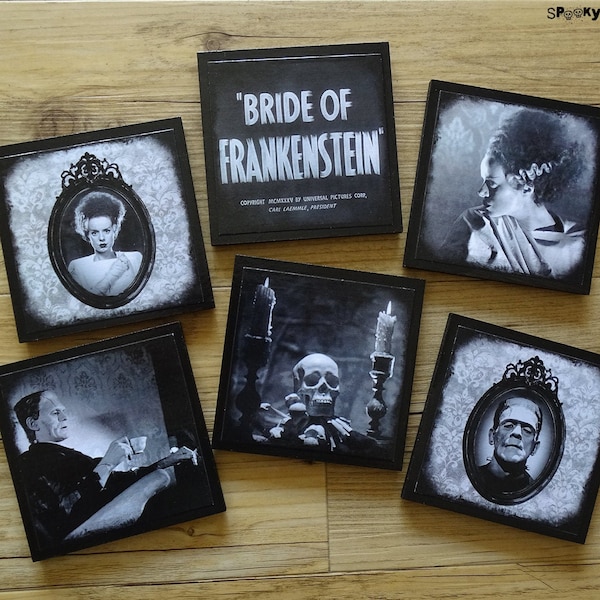 Bride Of Frankenstein coasters - set of 6 wooden coasters - Gothic decor, Halloween decorations, classic horror movies, Halloween decor