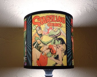 Comic book yellow lamp shade lampshade Comic Covers - 50s decor, pin up, geekery, geek gift, unique gift, childrens lamps, geeky home decor