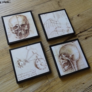 Leonardo Da Vinci skull coasters - set of 4 wooden coasters - Gothic decor,  Steampunk decor, gift for him, skulls, Italy, anatomy skeleton