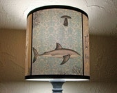 Shark and Underwater Creatures light teal lamp shade lampshade - lighting, beach cottage decor, damask, turquoise lamp, drum lamp shade