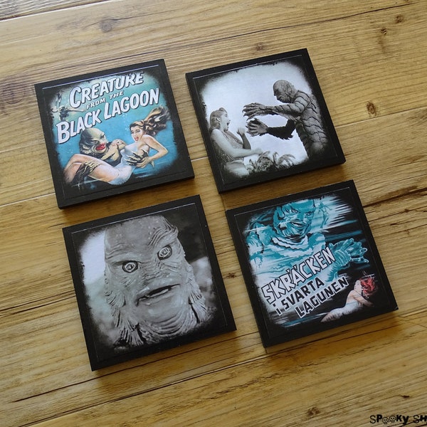 Lot de 4 dessous de verre "Creature From The Black Lagoon "- film d'horreur vintage, cadeau pour un geek, cinéma, cadeau à moins de 30 euros