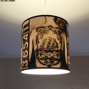 Vintage Tattoos hanging lamp shade lampshade victorian light, tattoo shop decor, drum lamp shade, pendant light, black and white, parlor image 3