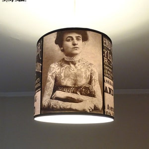 Vintage Tattoos hanging lamp shade lampshade victorian light, tattoo shop decor, drum lamp shade, pendant light, black and white, parlor image 1