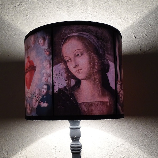 Abat jour cylindre Renaissance italienne - portrait, Vierge Marie, art religieux, lampe décorative, lampe à poser, luminaires, Madone