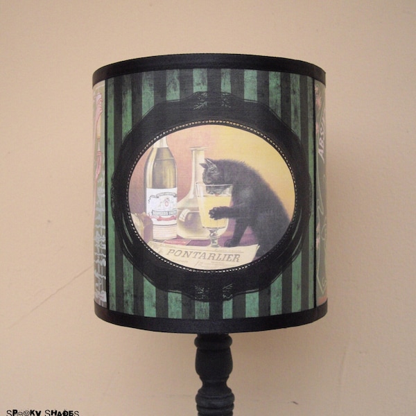Absinthe Cat Lamp Shade Lampshade - Art Nouveau, bohemian decor, lighting, green lampshade, striped lamp shade, French decor, alcohol labels