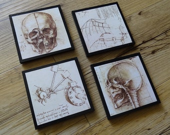 Leonardo Da Vinci skull coasters - set of 4 wooden coasters - Gothic decor,  Steampunk decor, gift for him, skulls, Italy, anatomy skeleton