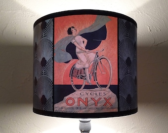 Bicycle Art Deco lamp shade Lampshade - duck blue drum lampshade, gifts for cyclists,  peacock print lamp shade, French poster, roaring 20s