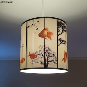 Fish Carousel pendant lamp shade lampshade - lighting, goldfish, zen decor, drum lamp shade, black trees, white pendant light, unique lamp,