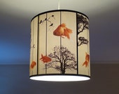 Fish Carousel pendant lamp shade lampshade - lighting, goldfish, zen decor, drum lamp shade, black trees, white pendant light, unique lamp,