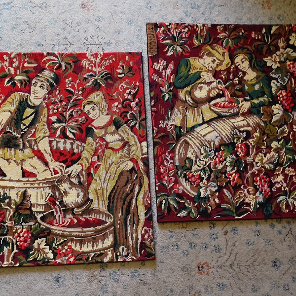 Deux canevas anciens représentant une scène de vendanges médiévale - tapisserie murale, Renaissance, vin rouge, scène rurale