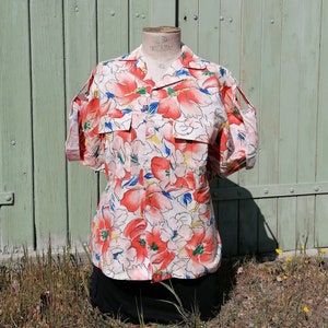 Vintage orange Hawaiian shirt- hibiscus fabric, womens clothing, 80s fashion, short sleeve shirt, made in France, flower pattern, floral
