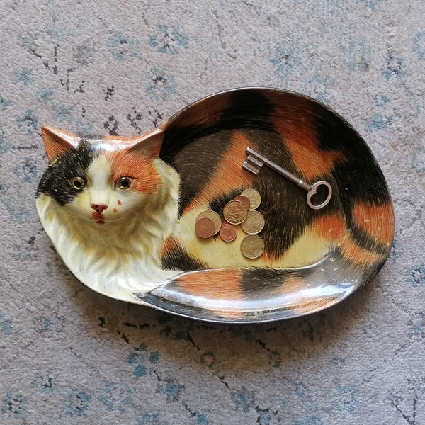 Vide poche chat calico - vintage années 70/80, cadeau unique, seconde main, décoration, chat tricolore, petit plateau décoratif