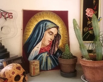 Vintage Virgin Mary needlepoint tapestry - Religious tapestry, Virgin Mary portrait, unframed needlepoint for oval or rectangular frame