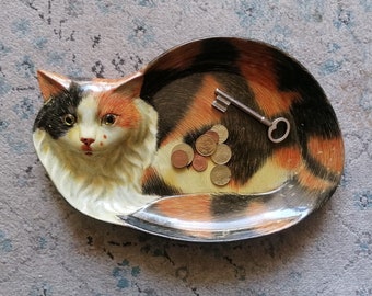 Vide poche chat calico - vintage années 70/80, cadeau unique, seconde main, décoration, chat tricolore, petit plateau décoratif