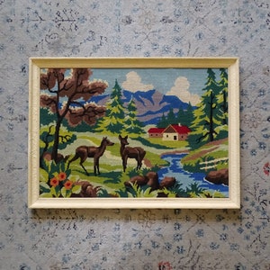 Vintage framed needlepoint tapestry featuring two does by a brook  - deer, woodland decor, forest animals, landscape, autumn, fall, kitsch