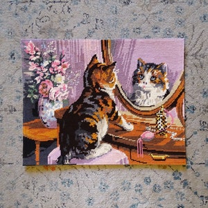 Vintage finished calico cat needlepoint kitten in a boudoir, pink and purple colors, pastel goth, flower bouquet, children's wall decor image 1